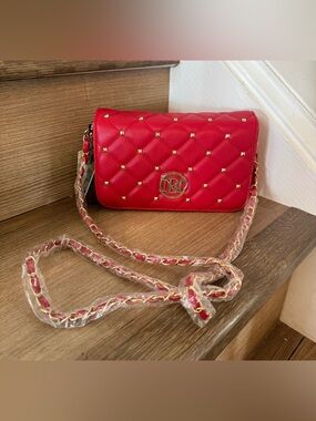 Brand new badgley mischka Quilted Red Shoulder Bag with Gold Stud Accents